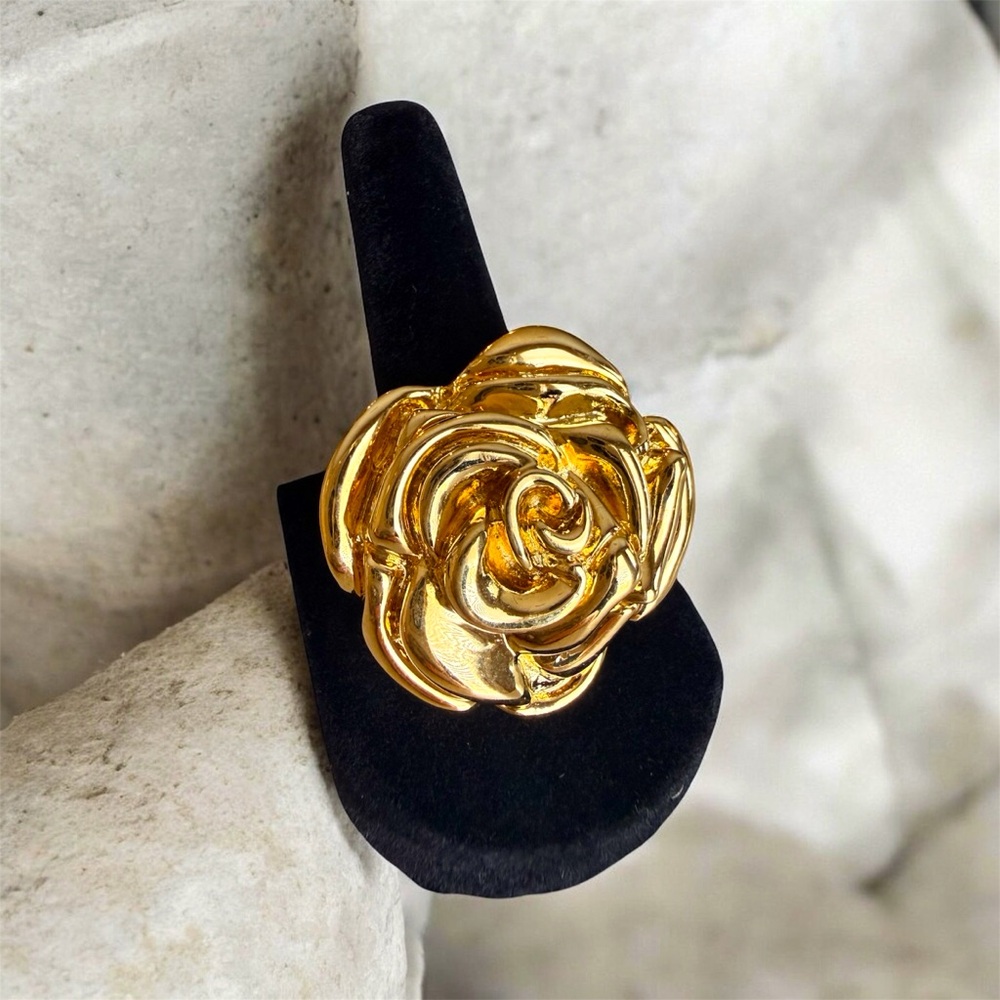 St. John Vintage 24K Gold Plated Camellia Rose Ring, Size 7, Statement Designer